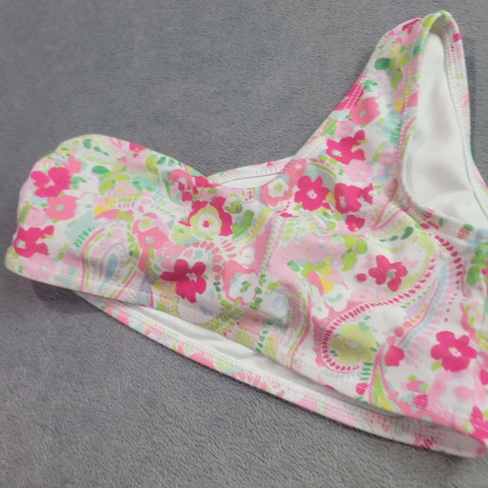 Crown & Ivy Swim Tops Girls Size 5 Pink Green Paisley Striped‎ One Shoulder 2pc